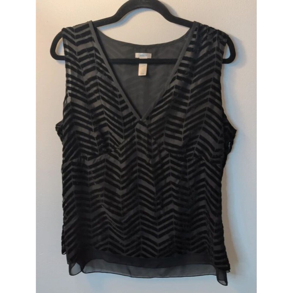 Old Navy Black Velvet Chevron Blouse V-Neck Sleeveless Side-Zip Top Size L